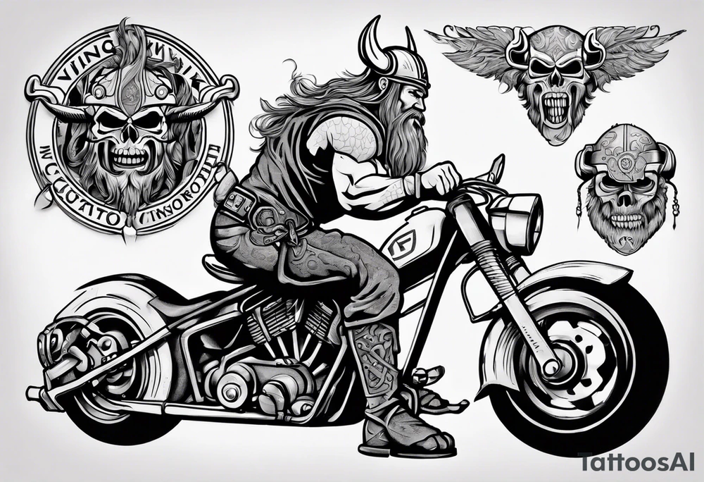 I want a detailed tattoo of a viking working on a motorcycle with the company name “Viking Customs” incorporated in the design tattoo idea
