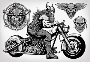 I want a detailed tattoo of a viking working on a motorcycle with the company name “Viking Customs” incorporated in the design tattoo idea