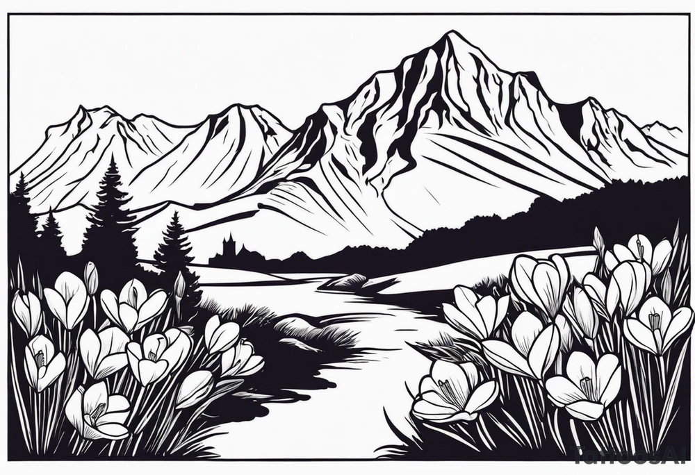 composition with mountain (Gran Sasso) with Crocus flowers, and an explorer trekking. Background in rectangular g shape. Do not enter rivers and trees. Do it in color. The design style must be that of Old School Traditional Tattoo. tattoo idea