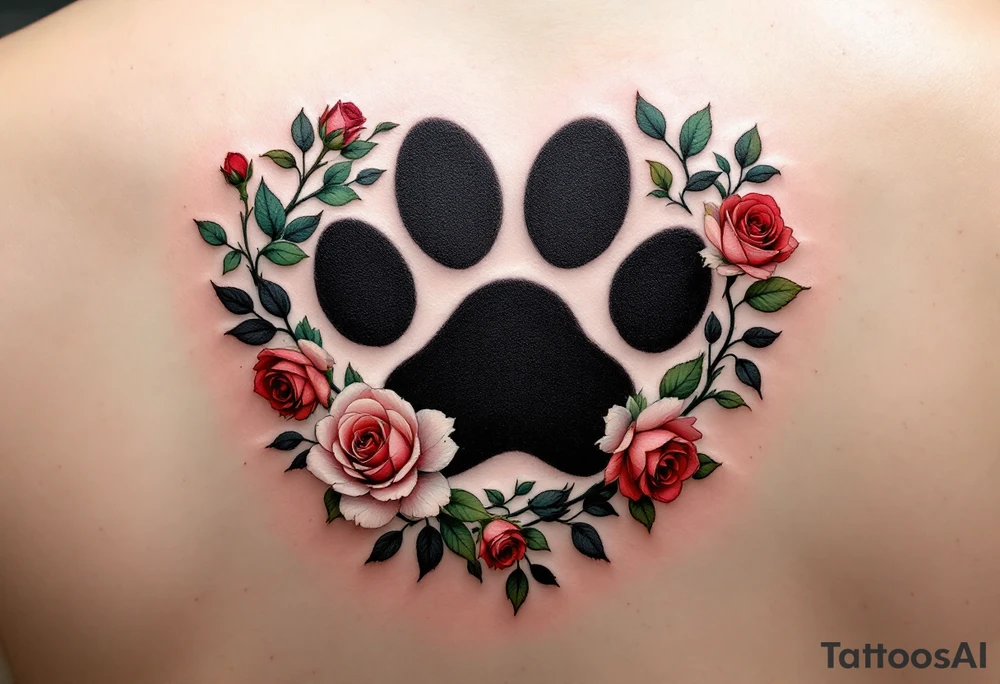 A paw print forming a heart shape, surrounded by delicate roses and leaves. The paw is solid black, while the flowers are in soft shades of red, pink, and green. The leaves are a mix of pastel greens, adding a gentle touch of nature to the design. Black (for paw print), Red and Pink (for roses), Soft Green (for leaves). tattoo idea