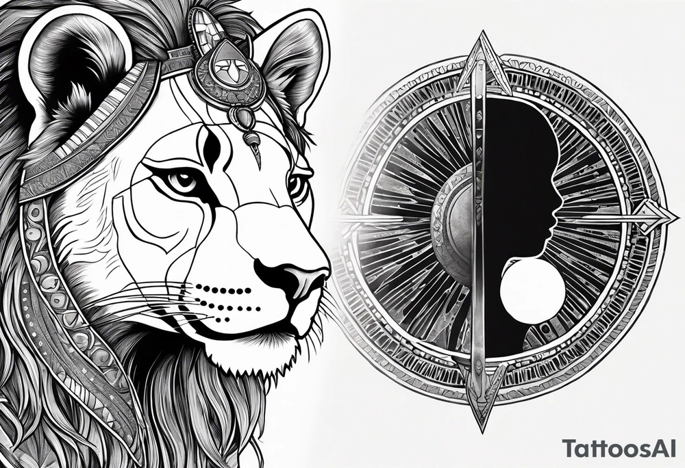 Ancient Egyptian goddess sekhmet, lioness head with black sun disk above her head and woman's body. She looks straight ahead and ready for battle looking fearless and powerful holding an ankh in one hand and a papyrus sceptre in another, she has long hair flowing tattoo idea