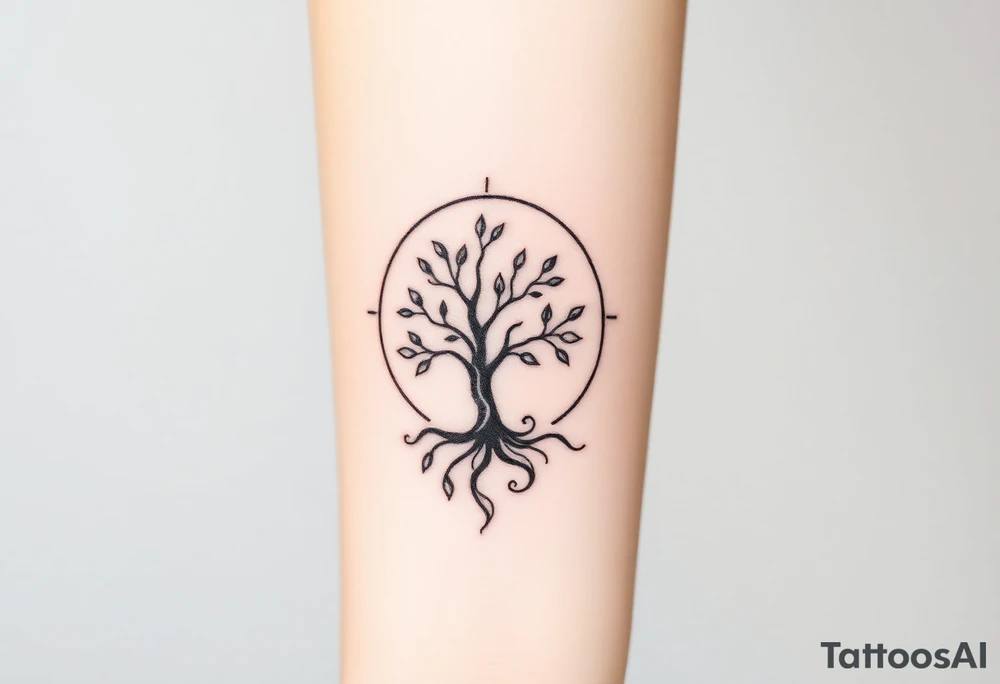 A tree inside of a sun, with few leaves, with an outward spiral line (moving to the right), as its roots, encircling the entire tree tattoo idea