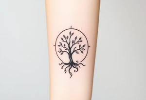 A tree inside of a sun, with few leaves, with an outward spiral line (moving to the right), as its roots, encircling the entire tree tattoo idea