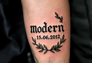 Modern 15.06.2012 in typewriter font encased in a dusty green laurel wreath. tattoo idea