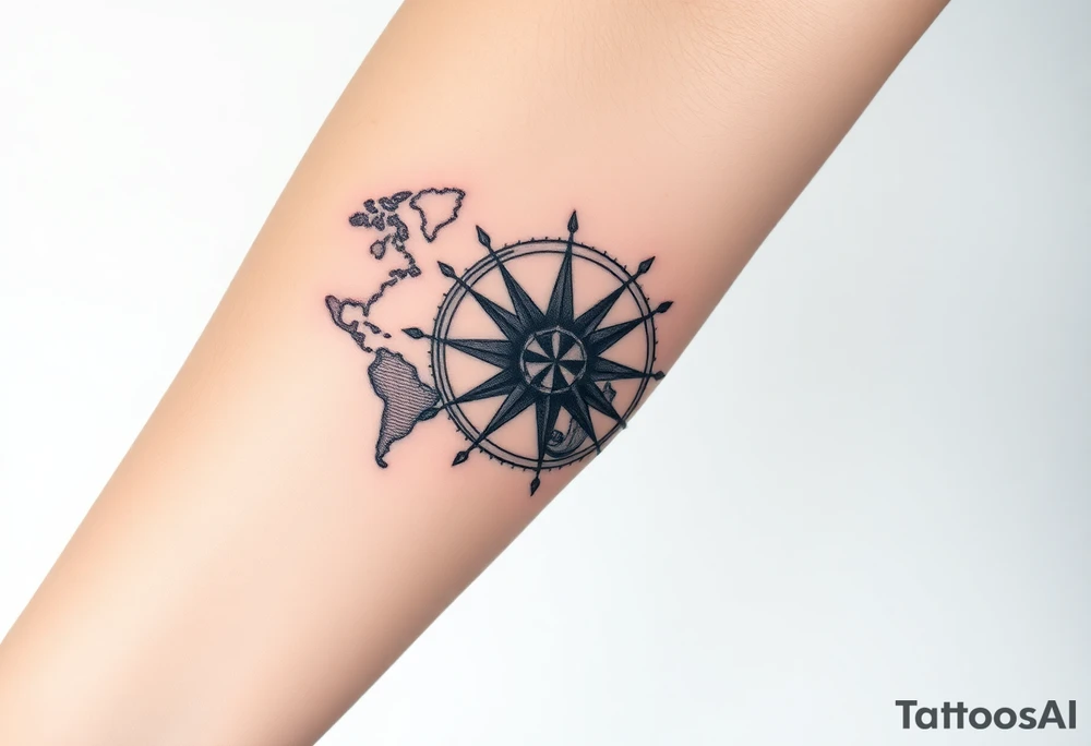 antique compass rose overlaid on weathered world map with sailing ships tattoo idea