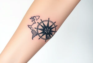 antique compass rose overlaid on weathered world map with sailing ships tattoo idea