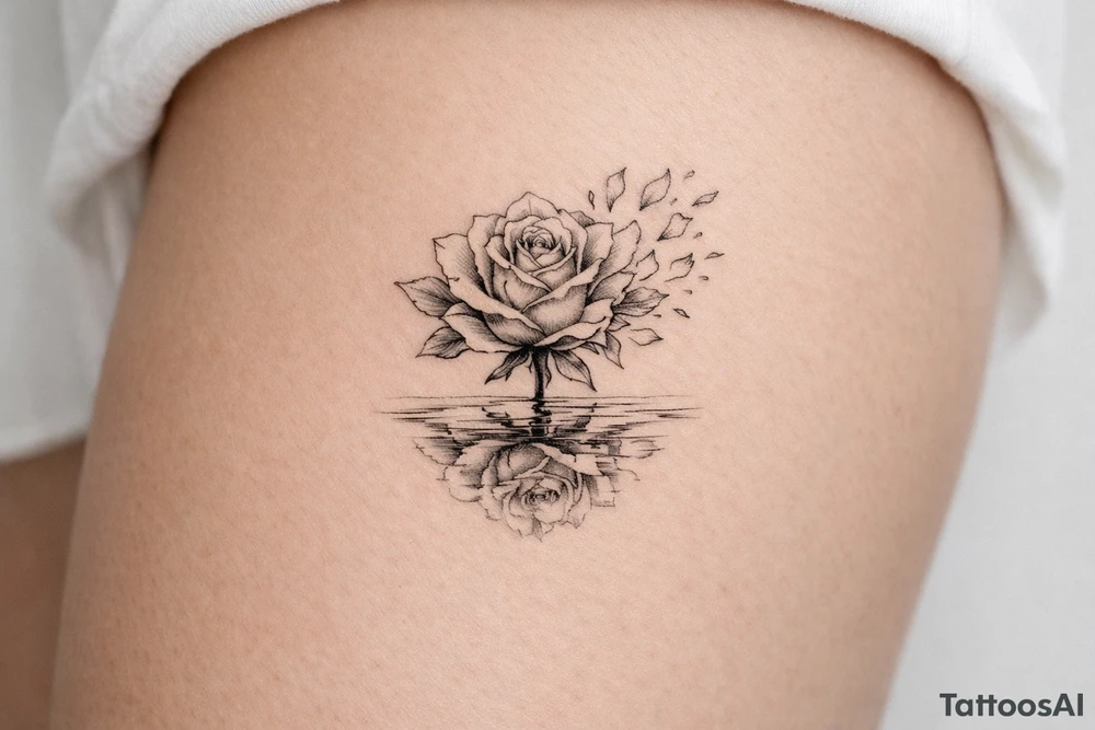 Single rose, petals shattering outwards, mirror reflection tattoo idea