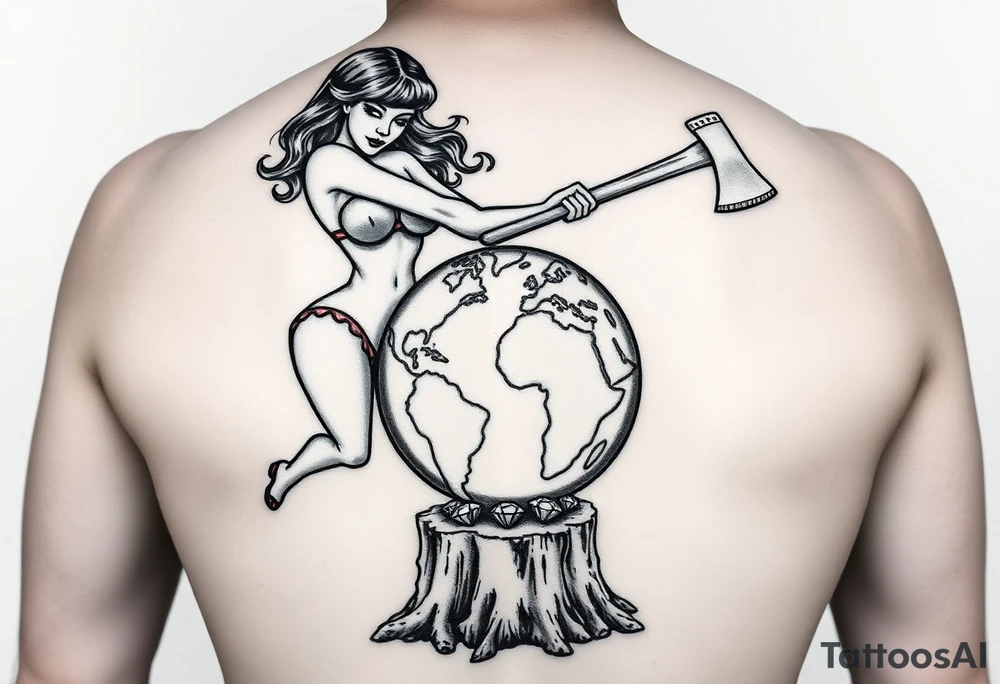 a pin up girl that is naked and has very large breasts wearing a g string thong. the pin up girl is swinging an ax onto a earth globe. the earth globe is being compressed by the axe and is flattened slightly and not round, the earth globe is located on top of a tree stump, there is a pile of diamonds below the tree stump tattoo idea