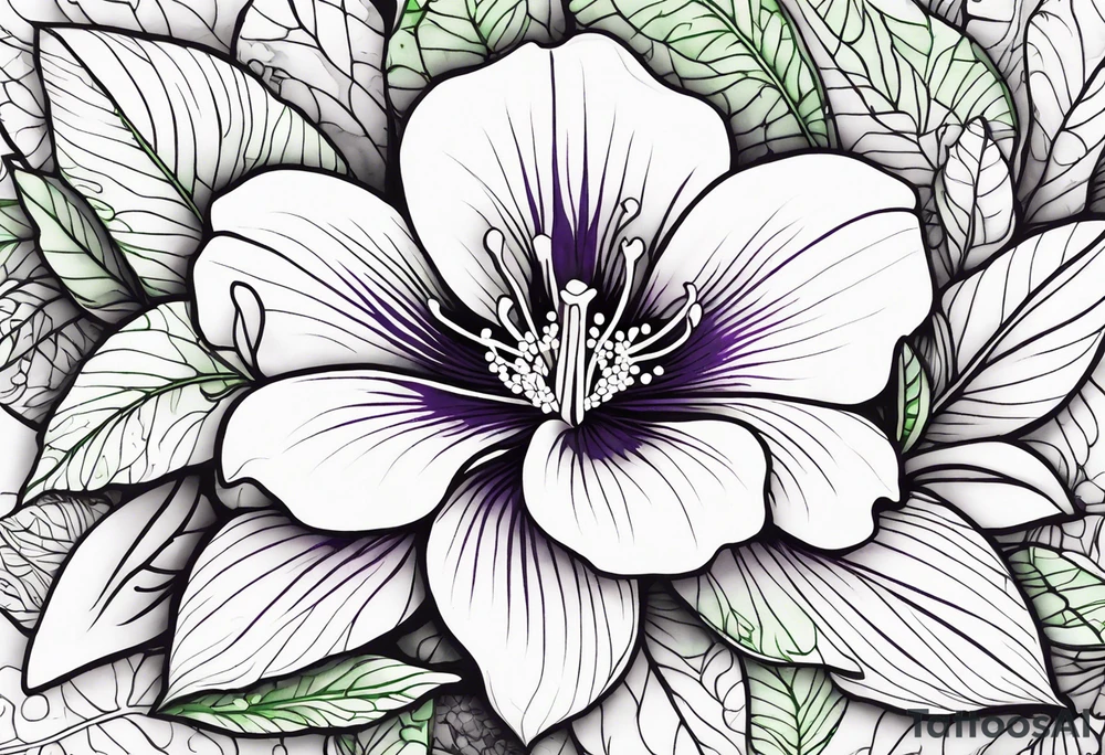 An outline of a rio dipladenia flower with a green and purple watercolor mix in the background tattoo idea