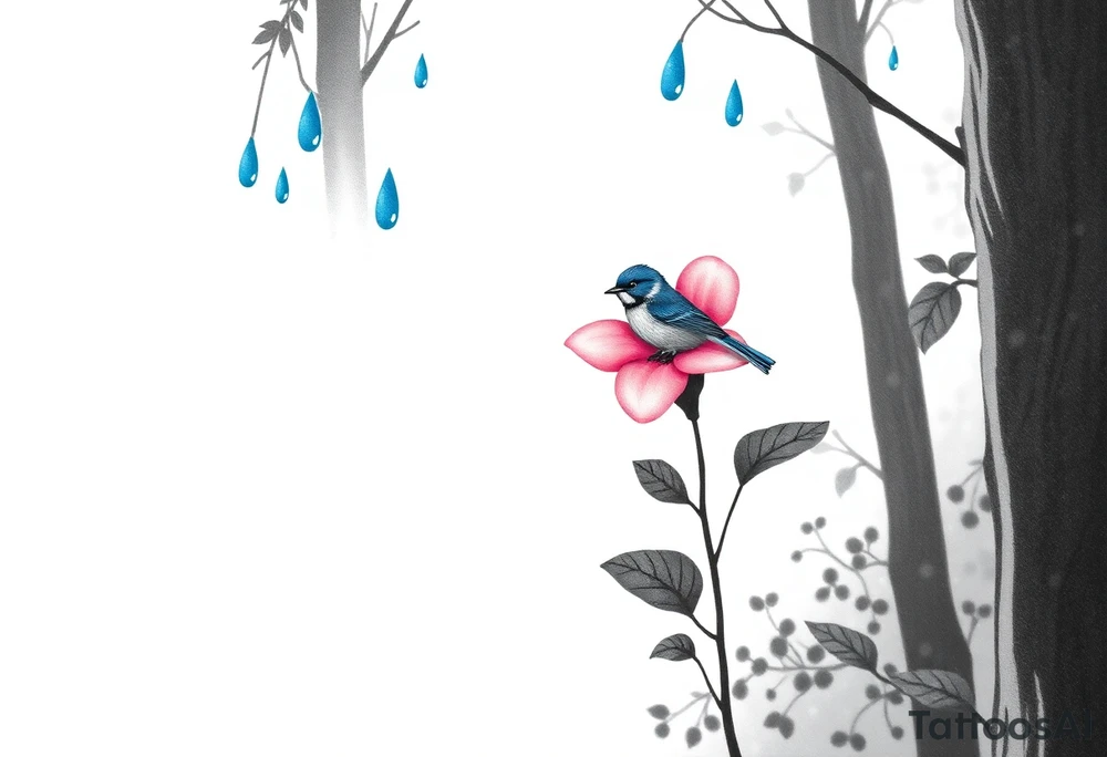forest background with blue rain drops, pink camelia flower and blue wren bird tattoo idea