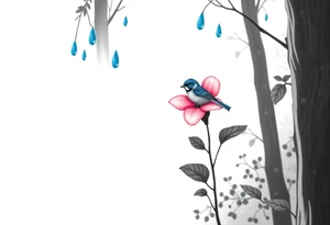 forest background with blue rain drops, pink camelia flower and blue wren bird tattoo idea