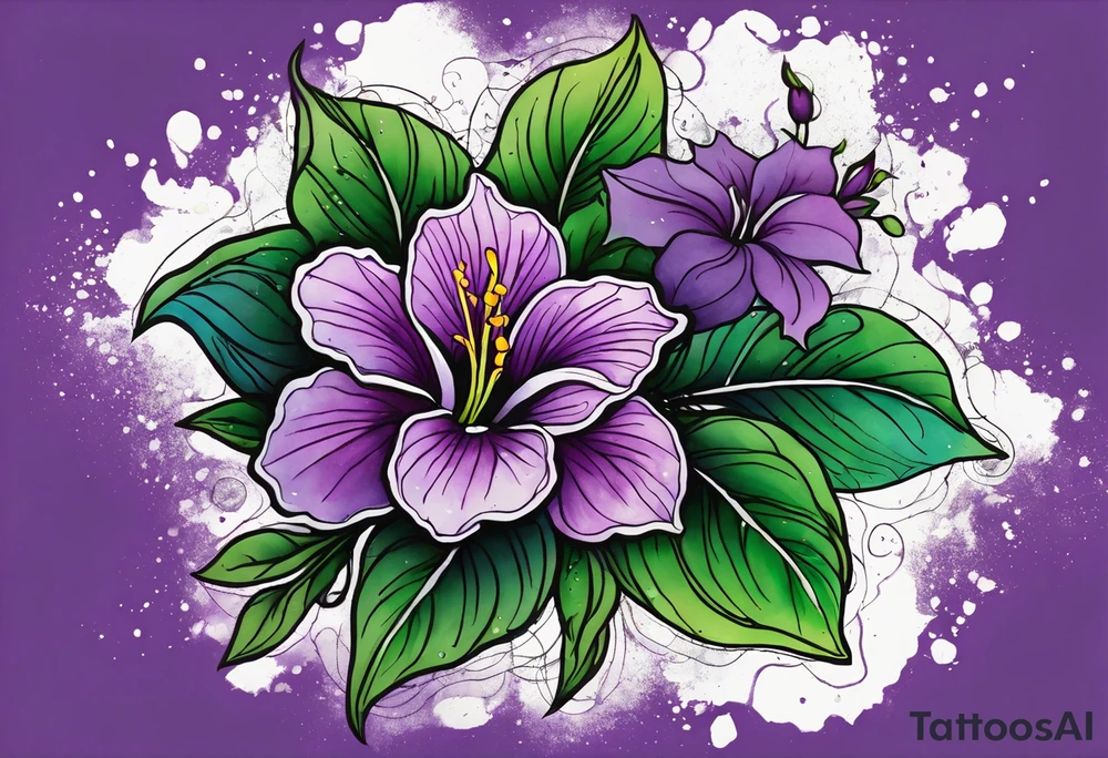 A mystical outline of a dipladenia flower and a green/purple watercolor splatter in the background to make the flower mainly green with purple highlights tattoo idea