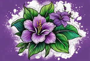 A mystical outline of a dipladenia flower and a green/purple watercolor splatter in the background to make the flower mainly green with purple highlights tattoo idea