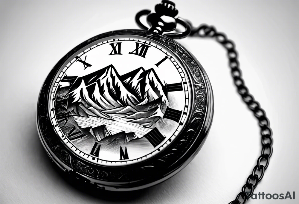 Pocket watch with mountains tattoo idea