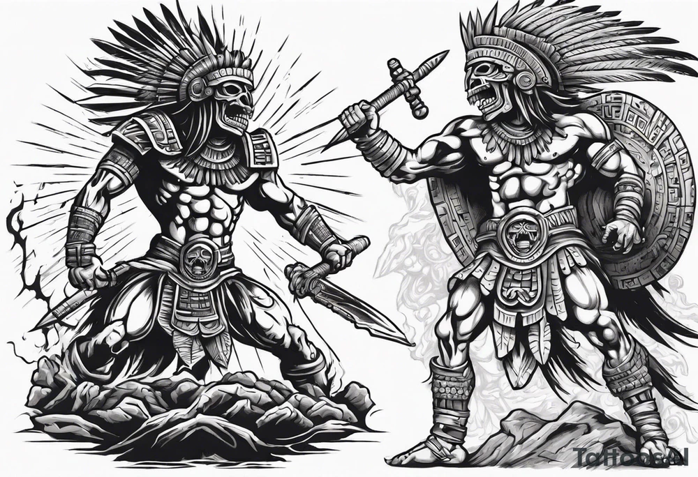 aztec death god warrior fighting against the gods as the sunrise from the ground tattoo idea
