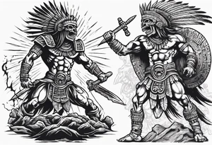 aztec death god warrior fighting against the gods as the sunrise from the ground tattoo idea