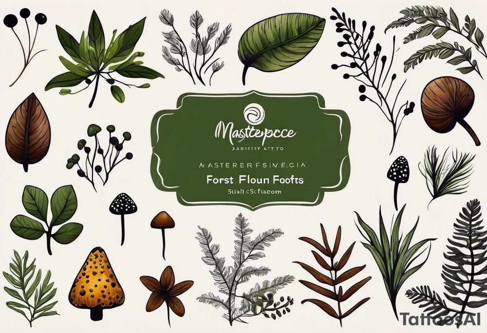 minimalistic forest floor inspired tattoo, which includes grass, moss, curly ferns and dead leaves as the bulk of the tattoo. details to include: forest berries, couple of very small brown mushrooms, a tiny bumblebee flying nearby tattoo idea