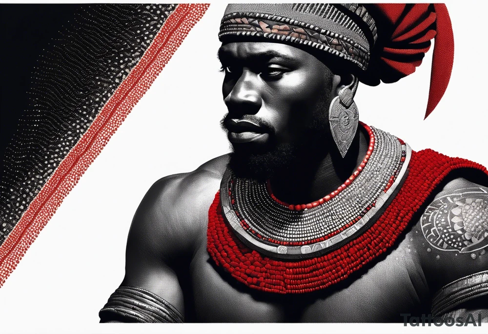 Black-skinned african warrior. He is a god of the war. Wears a simple red necklack tattoo idea