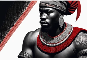 Black-skinned african warrior. He is a god of the war. Wears a simple red necklack tattoo idea