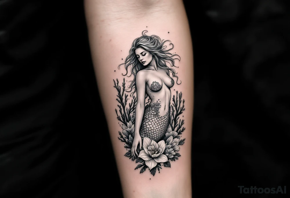 ethereal mermaid with flowing hair among coral and sea flowers tattoo idea