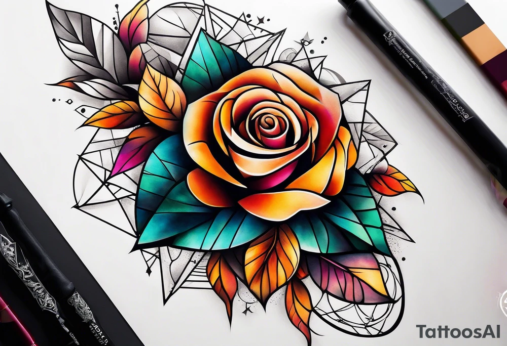 knee tattoo with geometry, roses and swirl washes in background in fall colors tattoo idea