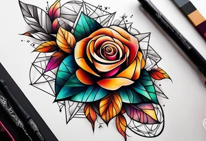 knee tattoo with geometry, roses and swirl washes in background in fall colors tattoo idea