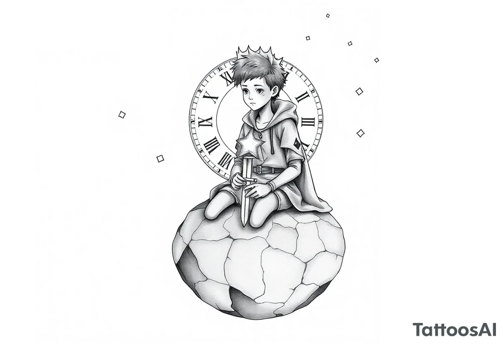 A reimagined masculine version of The Little Prince sitting on a cracked, floating planet. He has a calm, contemplative expression, wearing a slightly worn cloak with geometric markings. Behind him floats a broken clock with exposed gears, representing anxiety and overthinking. Instead of a rose, a flower wraps around a sword stuck into the ground—symbolizing love and emotional struggle. A glowing star burns in his chest, symbolizing inner strength and controlled passion. Around him are small floating fragments, like puzzle pieces or mechanical parts—representing deep thought and attention to detail. The sky shows incomplete constellations, symbolizing the search for connection and meaning. Style: fine line with surrealist touches, black and grey, minimalist shading. tattoo idea