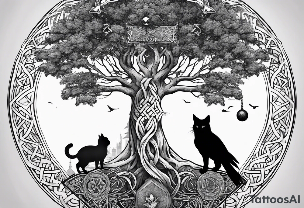 world tree with a cat and a raven and knotwork upper arm tattoo tattoo idea world tree with a cat and a raven and knotwork upper arm tattoo tattoo idea