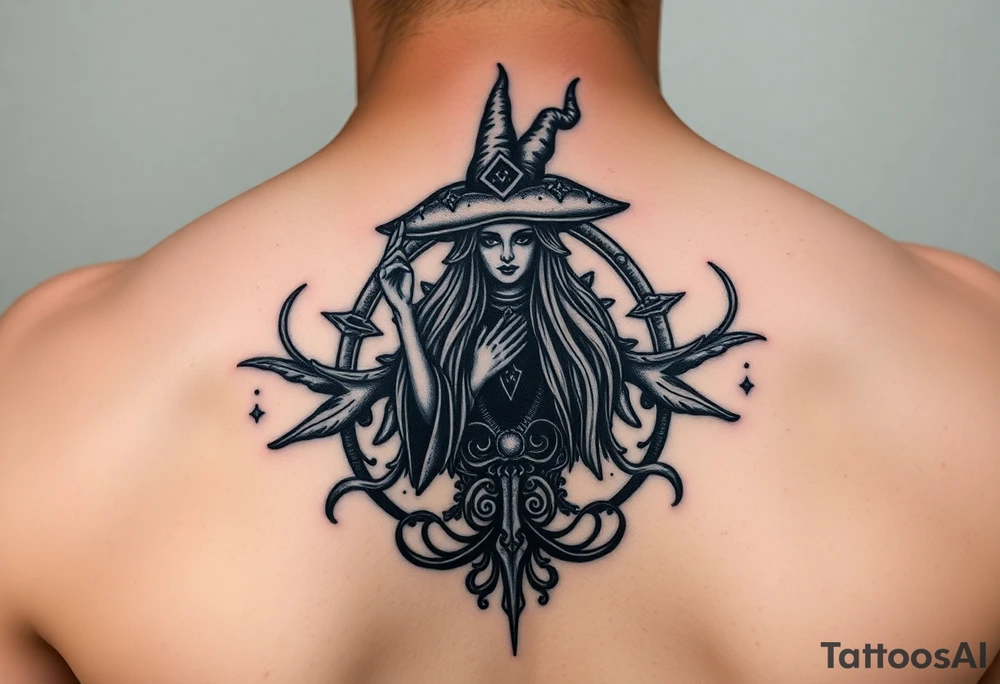 powerful wicca witch surrounded  with magic tattoo idea