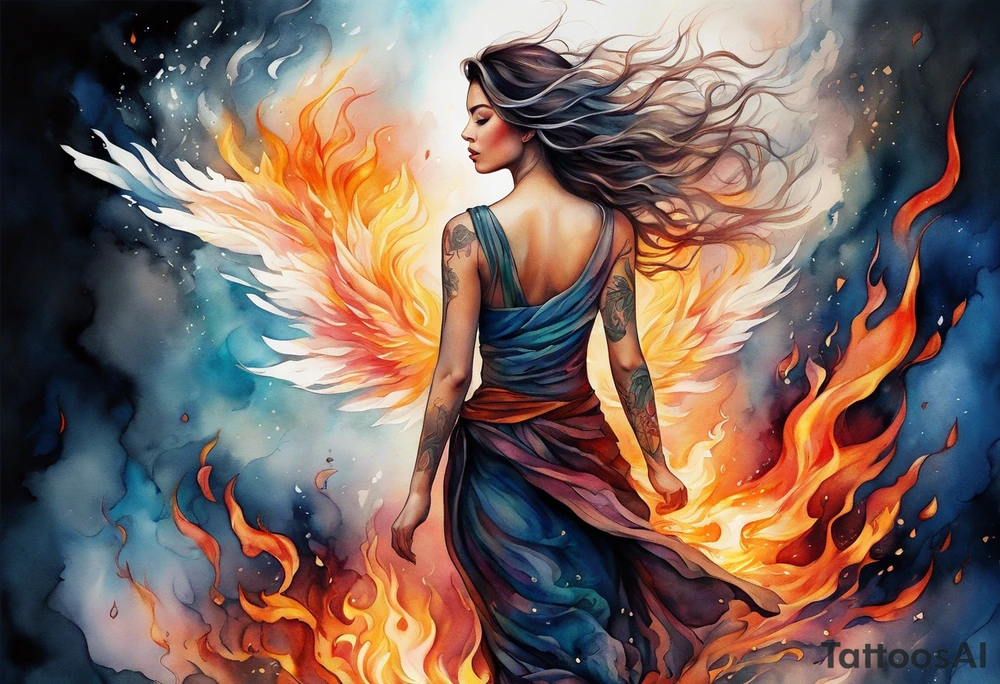 Resurrection strength and courage Beautiful Woman walking through fire and chaos to inner peace and self-love  ethereal tattoo idea
