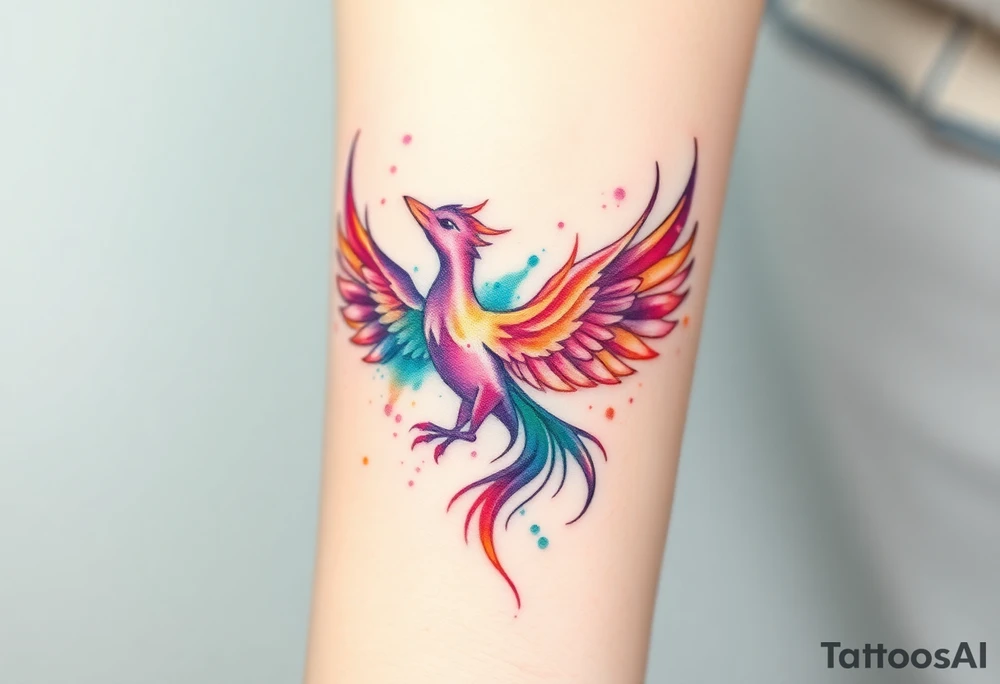 Phoenix engulfed in roaring flames with purple, orange, teal and green splashes, looking up tattoo idea