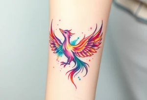 Phoenix engulfed in roaring flames with purple, orange, teal and green splashes, looking up tattoo idea
