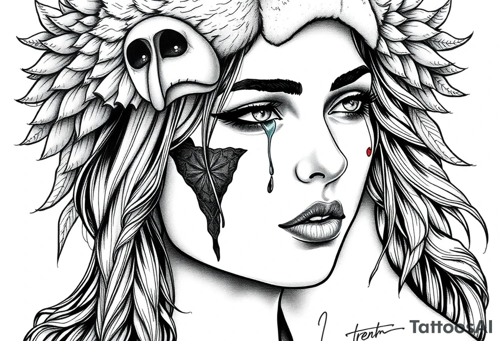 Beautiful Womans shedding a tear, with battle scars and blood on face, wearing a mean looking bear headdress on head tattoo idea