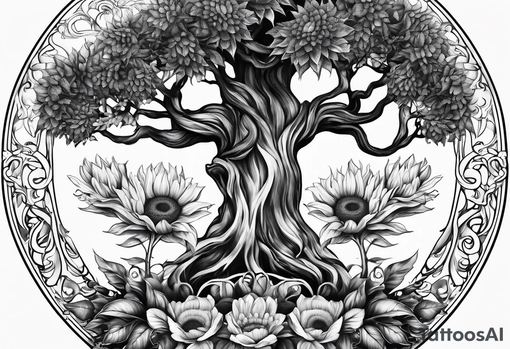 Feminine Yggdrasil tree with two sunflowers tattoo idea