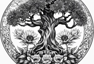 Feminine Yggdrasil tree with two sunflowers tattoo idea