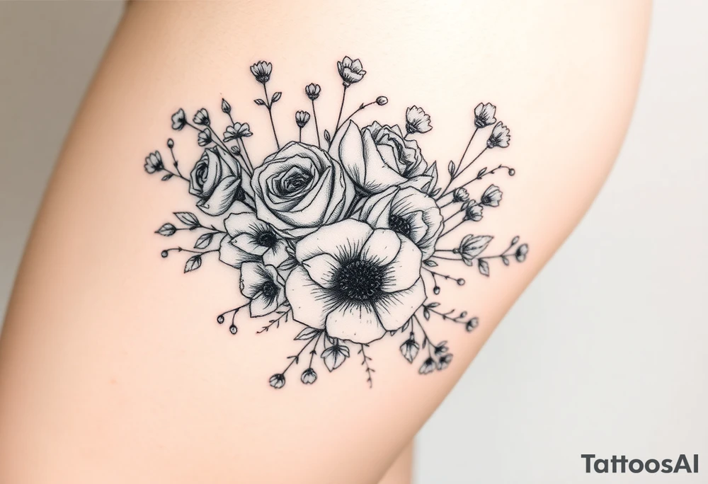vintage bouquet of wild roses and meadow flowers with morning dew tattoo idea