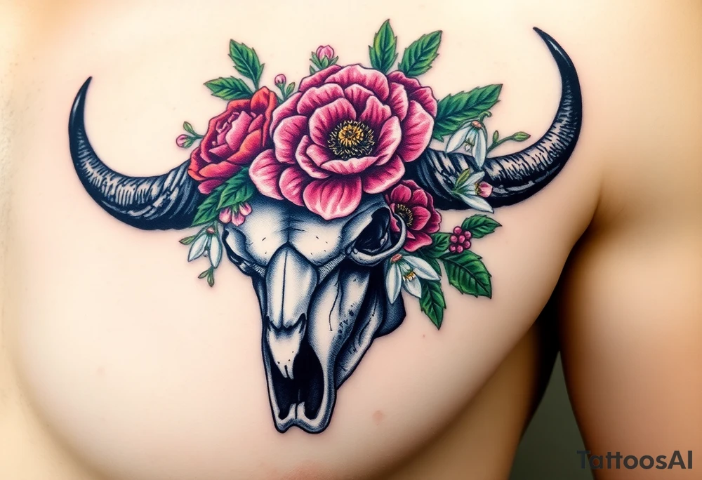 Buffalo or bison skull with flowers. Peony, snowdrop, holly with berries, larkspur, peony. Colour. For upper arm or shoulder. Masculin. tattoo idea