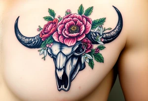 Buffalo or bison skull with flowers. Peony, snowdrop, holly with berries, larkspur, peony. Colour. For upper arm or shoulder. Masculin. tattoo idea