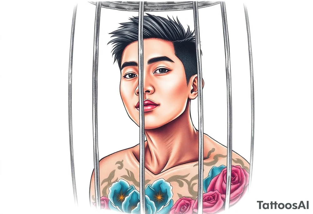 Handsome Asian young guy in a cage tattoo idea