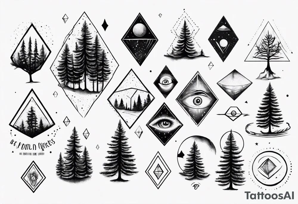 Pine trees with script.  Add an eye inside of a diamond shape with dot work lines coming out from the eye.  Add a planet. tattoo idea