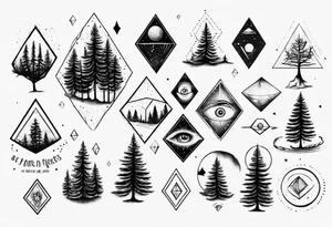 Pine trees with script.  Add an eye inside of a diamond shape with dot work lines coming out from the eye.  Add a planet. tattoo idea