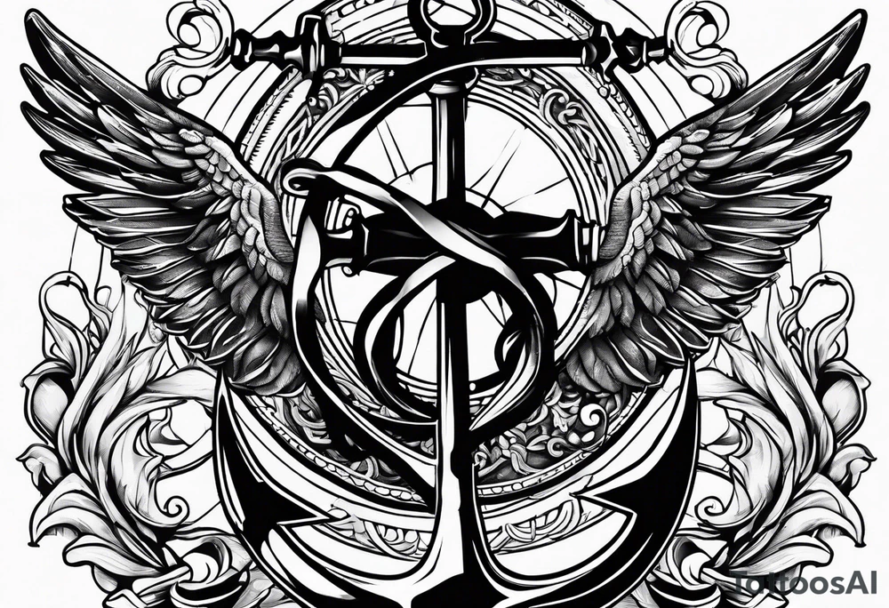 a ship anchor with an s through the anchor and angle wings on the left and right side tattoo idea