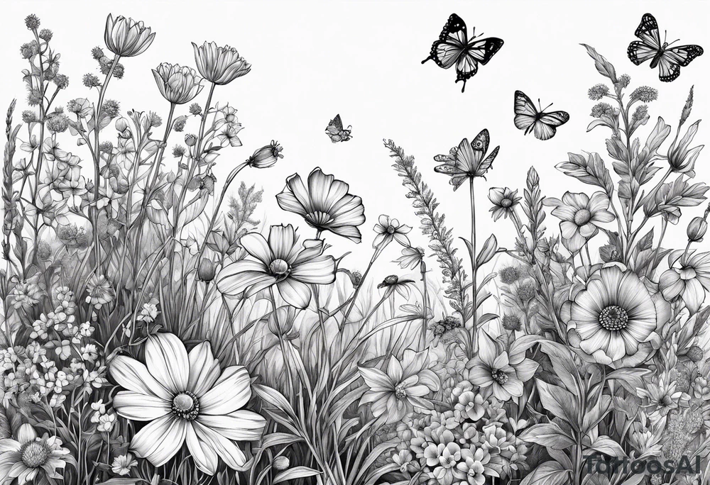 Wildflowers, prairie plants, small butterfly, ladybug tattoo idea