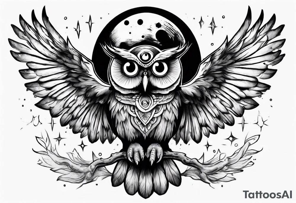 Wise Crowned Owl with the third eye flying towards the Dark Moon. tattoo idea