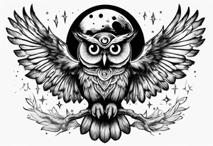 Wise Crowned Owl with the third eye flying towards the Dark Moon. tattoo idea