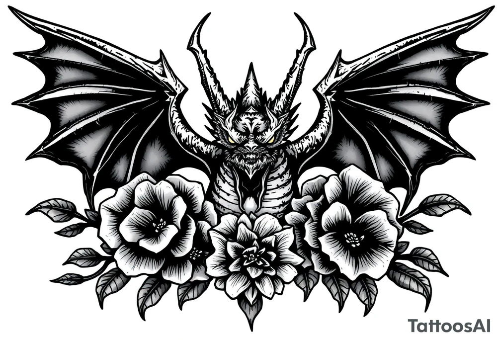 scary dragon with sharp wings and death flowers tattoo idea