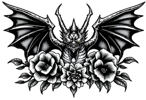 scary dragon with sharp wings and death flowers tattoo idea