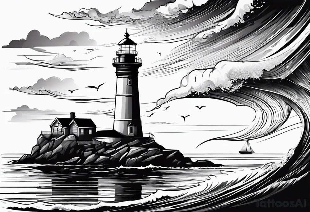 maritime lighthouse partially hidden by its large fixed sail. calm sea reflection. tattoo idea