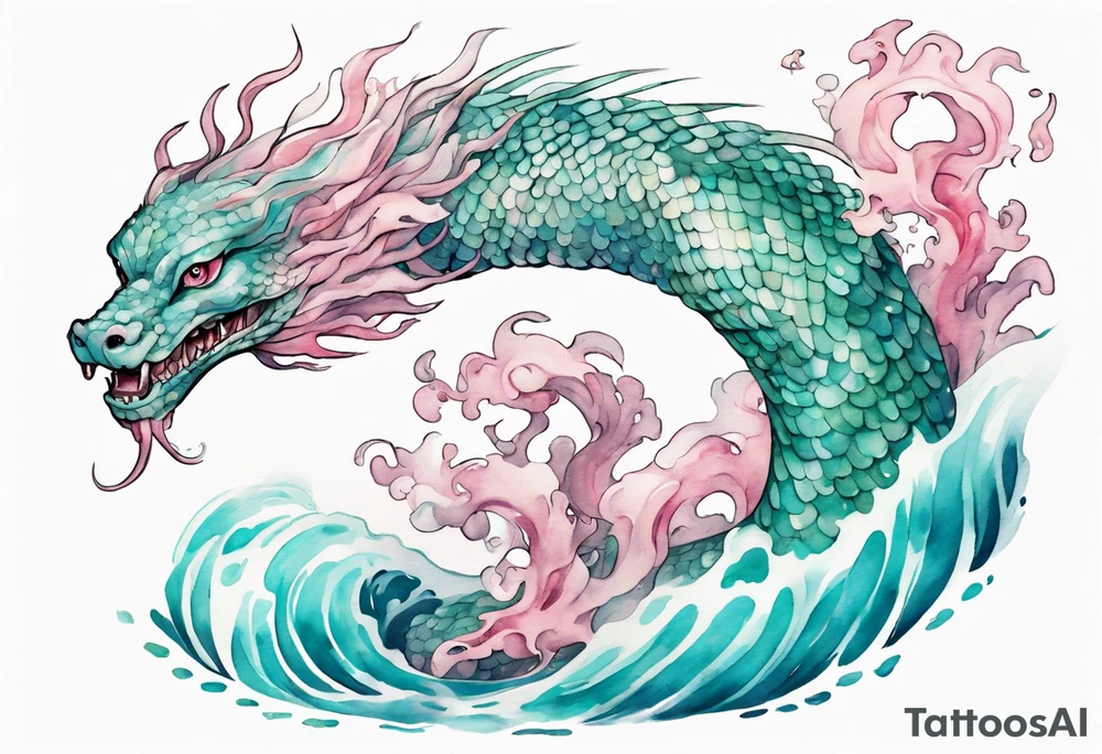 a gentle Falkor sea-serpent hybrid with turquoise and pink scales emerging from the waves tattoo idea