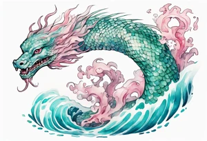 a gentle Falkor sea-serpent hybrid with turquoise and pink scales emerging from the waves tattoo idea